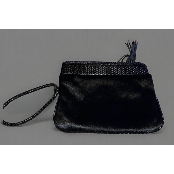 Francesco Biasia Black Italian Leather Clutch/ Wristlet Purse with Fur / Pockets - Picture 7 of 10